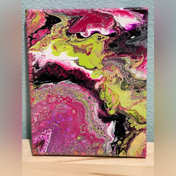 Handcrafted Handpainted Other - Vibrant Swirl Canvas Art in Pink, Green, and Black